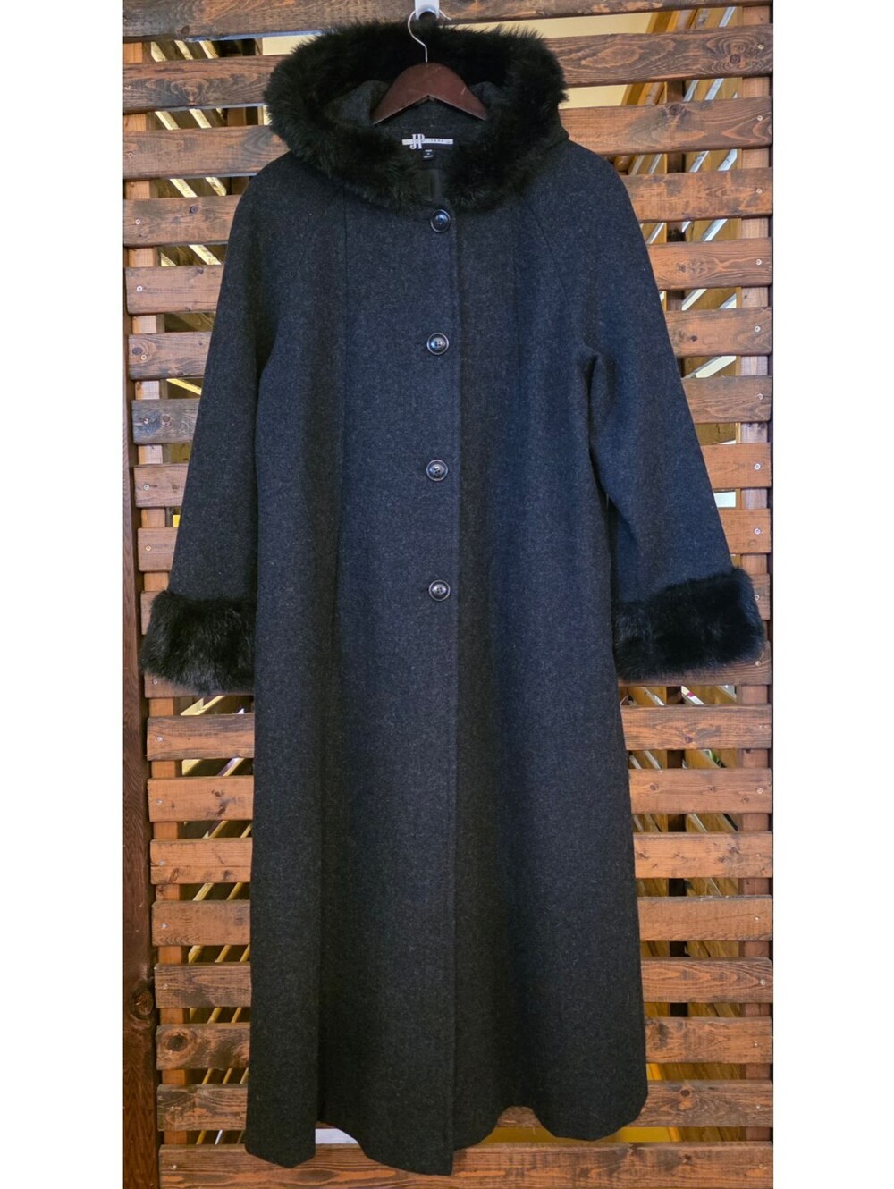 Vintage JP 1893 Charcoal Gray Wool Hooded Long Coat with Black Faux Fur Trim - Picture 1 of 13